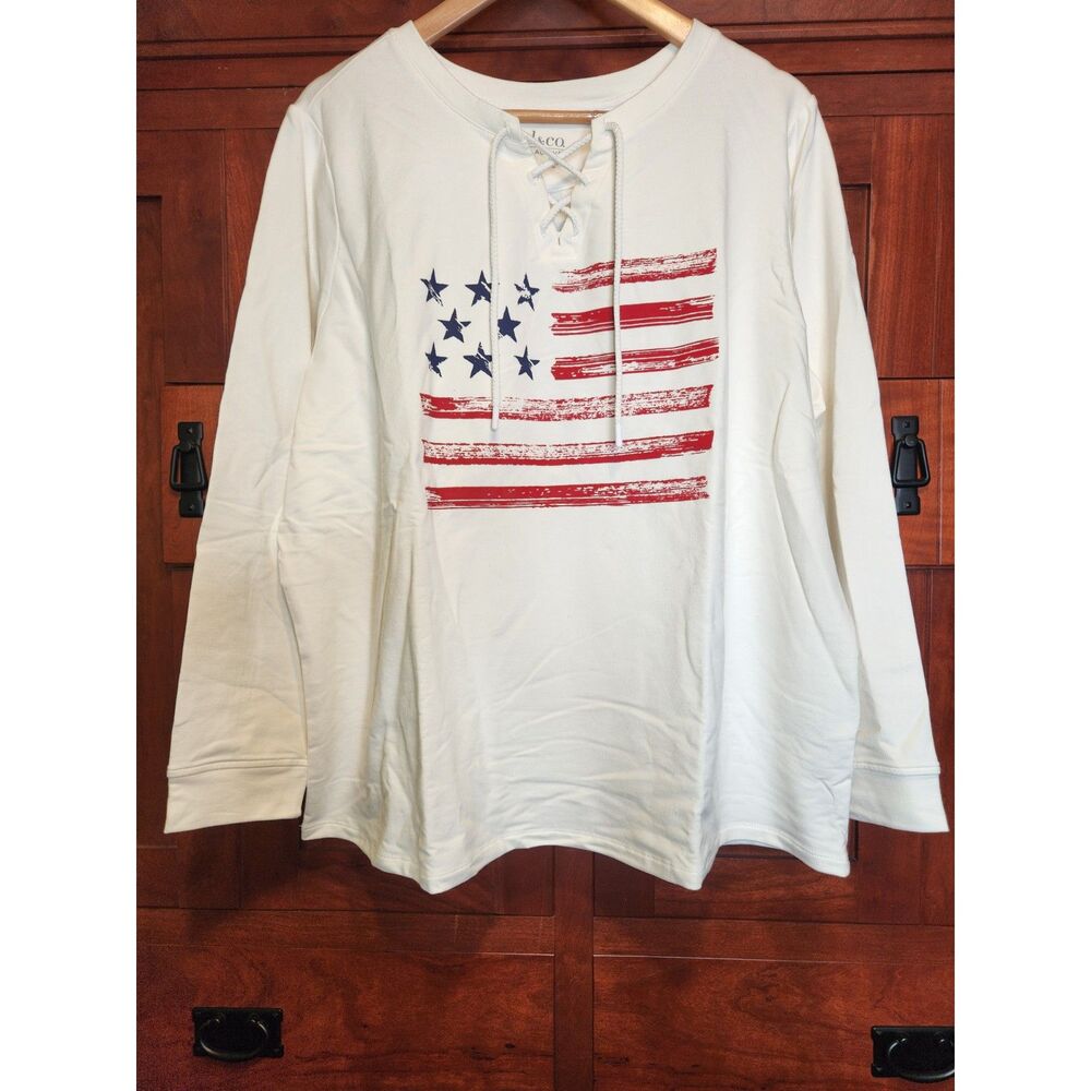 d & Co Active Wear American Flag Qtr Front White Sweatshirt Women's Size 2XL